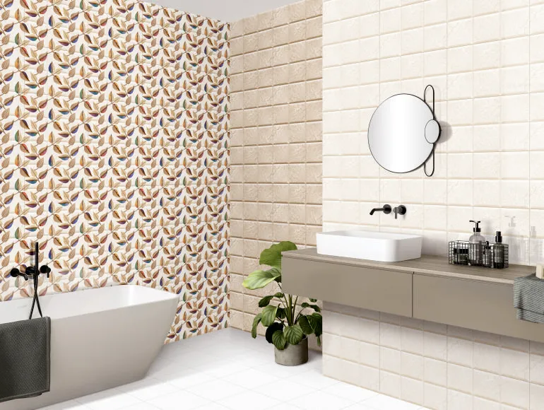 Bright beige bathroom design pair with white bathub and round mirror